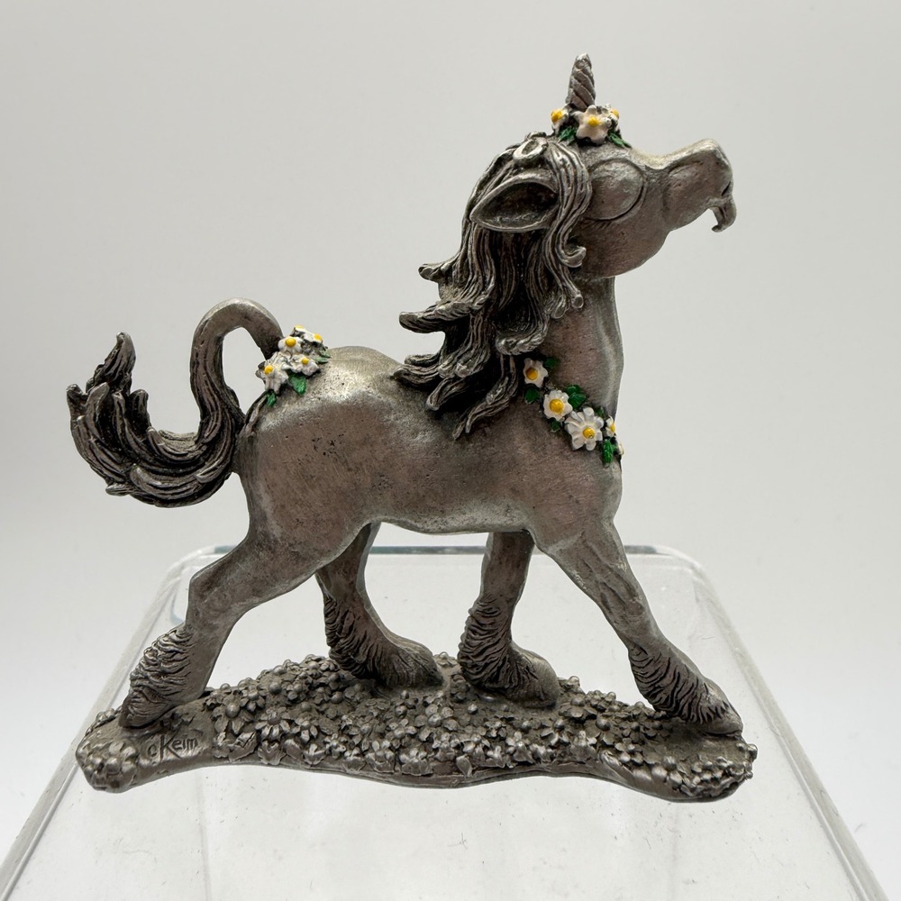 Cheryl Keim Pewter Unicorn Figurine Daisy Flower Fantasy Statue Vintage